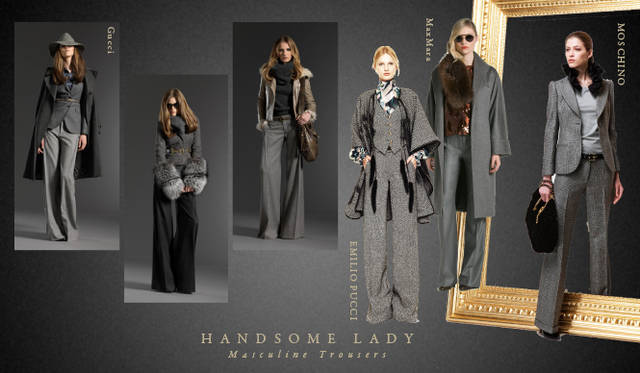 <strong>Chapter.05 | The Handsome Lady</strong><br />Alongside casual relaxed styles, pay attention to knee-length skirts, voluminous trousers, and mannish cropped pants or sets that create a handsome, ladylike look.<br />From left: Gucci, EMILIO PUCCI, MaxMara, MOSCHINO