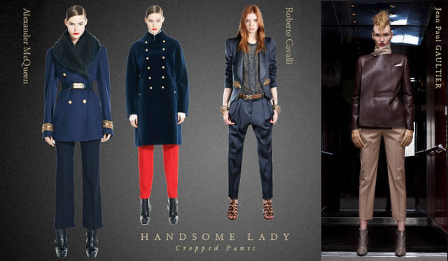 <strong>Chapter.05 | The Handsome Lady</strong><br />Alongside casual relaxed styles, pay attention to knee-length skirts, voluminous trousers, and mannish cropped pants or sets that create a handsome, ladylike look.<br />From left: Alexander McQueen, Roberto Cavalli, Jean Paul GAULTIER