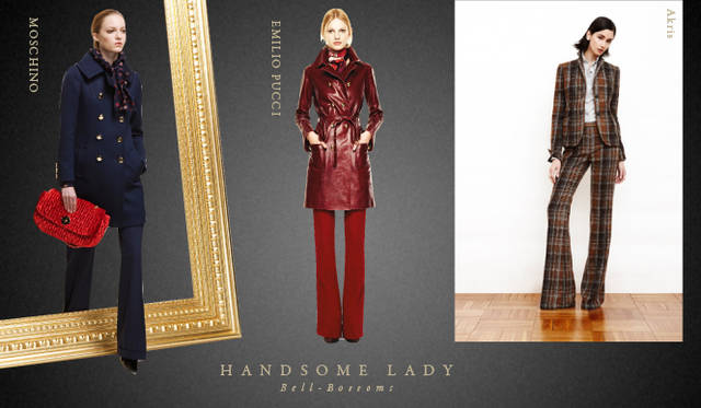 <strong>Chapter.05 | The Handsome Lady</strong><br />Alongside casual relaxed styles, pay attention to knee-length skirts, voluminous trousers, and mannish cropped pants or sets that create a handsome, ladylike look.<br />From left: MOSCHINO, EMILIO PUCCI, Akris