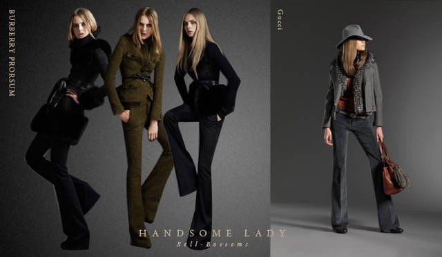 <strong>Chapter.05 | The Handsome Lady</strong><br />Alongside casual relaxed styles, pay attention to knee-length skirts, voluminous trousers, and mannish cropped pants or sets that create a handsome, ladylike look.<br />From left: BURBERRY PRORSUM (c)BURBERRY, Gucci