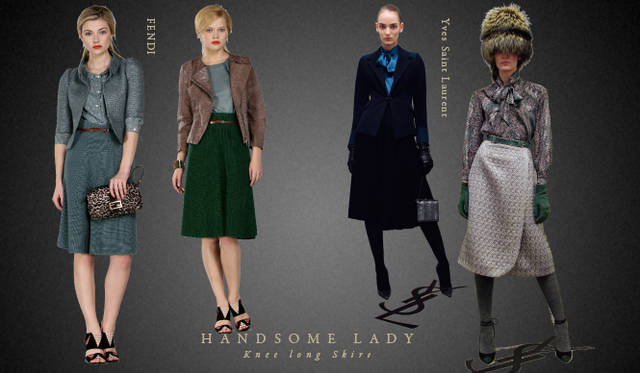 <strong>Chapter.05 | The Handsome Lady</strong><br />Alongside casual relaxed styles, pay attention to knee-length skirts, voluminous trousers, and mannish cropped pants or sets that create a handsome, ladylike look.<br />From left: FENDI, Yves Saint Laurent