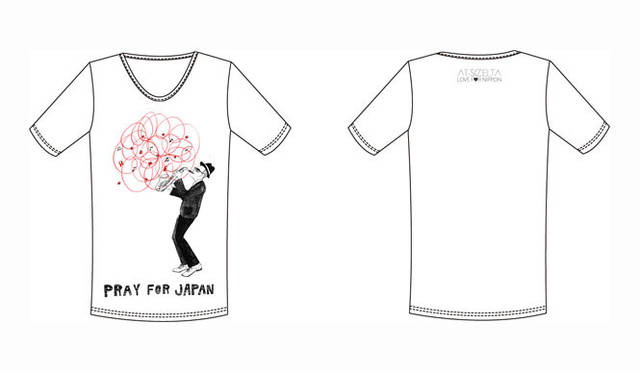 <strong>at-scelta｜アットシェルタ</strong>　チャリティTシャツ「PRAY FOR JAPAN」価格｜2100円、素材｜コットン100％<br>イラストレーター Yurikov Kawahiro（ユリコフ・カワヒロ）氏の“希望”を込めたデザイン。ユリコフ氏は「今回の震災で困難な状況に置かれている方たちが、一日も早く、明るく笑える日が来ることを願っています。希望の音が聞こえますように」とメッセージ。Yurikov Kawahiro HP｜http://yurikov.petit.cc/pineapple1/
