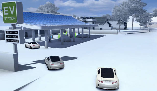 <strong>ELECTRIC DRIVING FOR SMART CITY｜日産 リーフ編</strong>　「スマートグリッド3Dインタラクティブシアター」内で紹介された映像。EVステーションが設けられ、ソーラー発電によるクリーンな電力がEVに提供される。