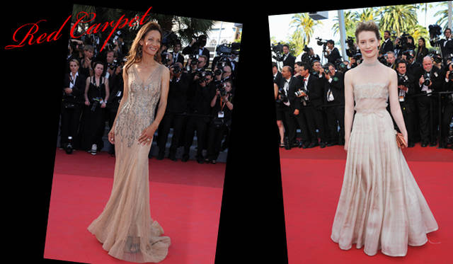 <strong>カンヌ国際映画祭2011</strong>｜（左）Marpessa（マルペッサ）はアルベルタ フェレッティのヌーディなドレスで『The Tree of Life』プレミアに。まるでビジューをまとっているかのよう。　（右）おなじく『The Tree of Life』プレミアにヴァレンティノ オートクチュール 2011年春夏コレクションのドレスで登場したMia Wasikowska（ミア・ワシコウスカ）。