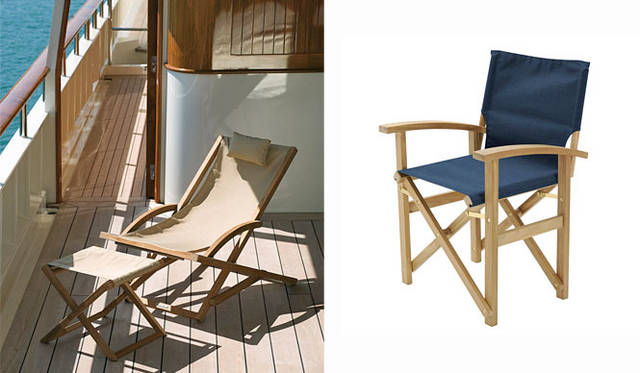 <strong>LIVING MOTIF｜リビング・モティーフ</strong>　デッキチェア「Royal Botania/ロイヤル ボタニア SOLID」＆チークディレクターズチェア　左／デッキチェア　ベージュ（完売）、ブラック、ホワイト5万6700円、フットレスト　ベージュ、ブラック、ホワイト2万3100円、右／ディレクターズチェア ブルー3万5700円