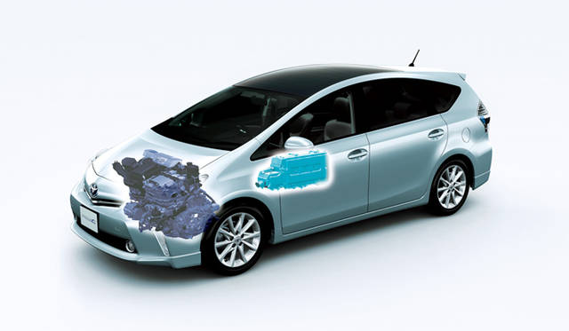 <strong>TOYOTA PRIUS α｜トヨタ プリウス α</strong>　車体中央に描かれたブルーの部分がリチウムイオンバッテリーの位置。