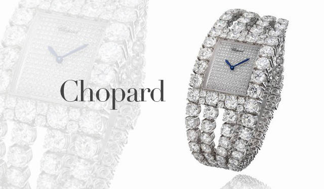 <strong>Chopard｜ショパール</strong>　ラウンドカットのダイヤモンドがいくつも配された、まばゆいばかりのジュエリーウォッチ。ダイヤルには小さくカットされたダイヤモンドが繊細な表情でパヴェセッティングされ、ブレスレット部分との対比がユニークだ。「ジュエリーウォッチ コレクション」 [WG×ダイヤモンド]　7400万4000円（ショパール／ショパール ジャパン プレス）