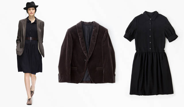 <strong>MARGARET HOWELL</strong> Left: Jacket ¥68,250, dress ¥73,500, belt ¥14,700, hat ¥24,150, headband ¥11,550, shoes ¥75,600. Right: Jacket ¥60,900, dress ¥73,500 (all MARGARET HOWELL).
