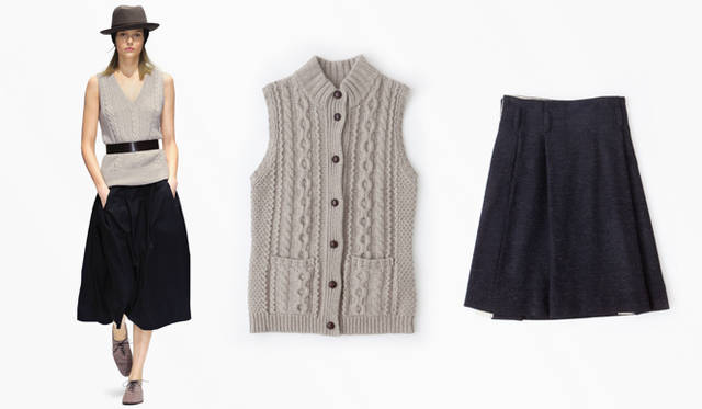 <strong>MARGARET HOWELL</strong> Left: Knit vest ¥78,750 (store exclusive), skirt ¥49,350, belt ¥14,700, hat ¥24,150, headband ¥11,550, shoes ¥75,600. Center: Knit vest ¥25,200 (all MARGARET HOWELL). Right: Skirt ¥26,250 (MARGARET HOWELL MHL.).