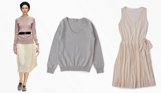 <strong>MARGARET HOWELL</strong> Left: Knit ¥49,350, skirt (price unavailable), belt ¥14,700, headband ¥11,550, shoes ¥75,600. Center: Knit ¥24,150. Right: Dress ¥49,300 (all MARGARET HOWELL).