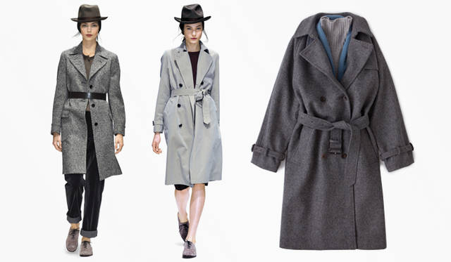 <strong>MARGARET HOWELL</strong> Left: Trench coat ¥89,250, trousers (price unavailable), knit (price unavailable), belt ¥14,700, hat ¥24,150, headband ¥11,550, shoes ¥75,600. Center: Coat ¥168,000, knit ¥49,350, skirt (price unavailable), hat ¥24,150, headband ¥11,550, shoes ¥75,600. Right: Coat ¥75,600, knit ¥31,500, scarf ¥29,400 (all MARGARET HOWELL).
