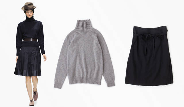 <strong>MARGARET HOWELL</strong> Left: Knit ¥65,100, skirt ¥50,400, belt ¥14,700, hat ¥24,150, headband ¥11,550, shoes ¥75,600. Center: Knit ¥31,500 (all MARGARET HOWELL). Right: Skirt ¥24,150 (MARGARET HOWELL MHL.).