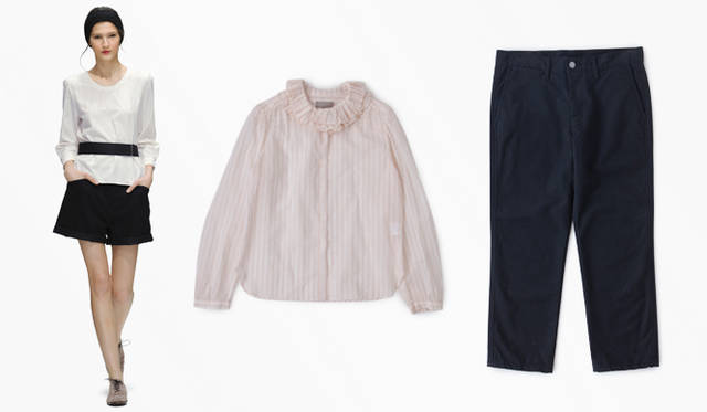 <strong>MARGARET HOWELL</strong> Left: Blouse ¥31,500, short trousers (price unavailable), belt (price unavailable), headband ¥11,550, shoes ¥75,600. Center: Blouse ¥29,400, trousers ¥22,050 (all MARGARET HOWELL).
