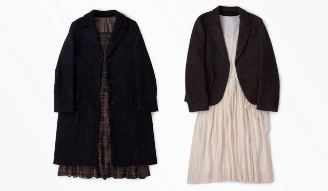 <strong>MARGARET HOWELL</strong> Left: Coat ¥93,450, dress ¥59,850. Right: Jacket ¥51,450, dress ¥69,300 (all MARGARET HOWELL).