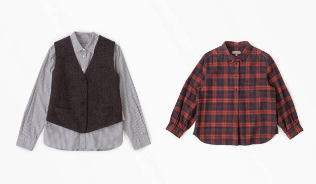 <strong>MARGARET HOWELL</strong> Left: Vest ¥35,700, shirt ¥23,100. Right: Shirt ¥26,250 (all MARGARET HOWELL).