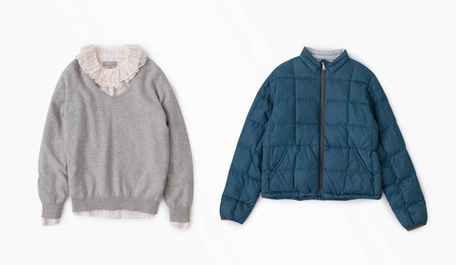 <strong>MARGARET HOWELL</strong> Left: Knit ¥24,150, blouse ¥29,400 (both MARGARET HOWELL). Right: Down blouson ¥31,500 (MARGARET HOWELL MHL.).