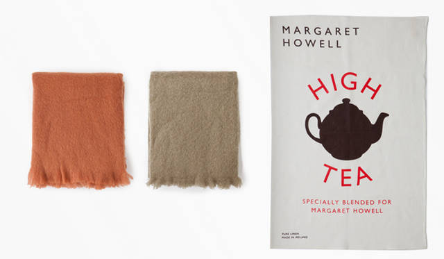 <strong>MARGARET HOWELL</strong> Left & Center: Blankets ¥34,650 each. Right: Tea towel ¥2,940 (all MARGARET HOWELL HOUSEHOLD GOODS).