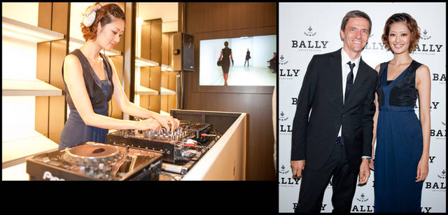 <strong>BALLY｜バリー</strong>　左／DJプレイ中のHicoさん。会場を盛り上げた。右／バリーCEOのバーント・ハートコーン、DJ Hicoさん。