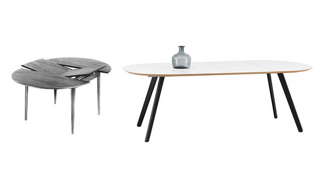 <strong>BoConcept｜ボーコンセプト</strong>　2012新作コレクション<br>左／旧プロダクト、右／伸張式テーブル「Occa」16万9500円（ホワイト/ブラック H74.5×W183/283×D91.5cm）