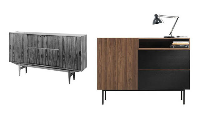 <strong>BoConcept｜ボーコンセプト</strong>　2012新作コレクション<br>左／旧プロダクト、右／ハイチェスト「Volani」29万9500円（ウォールナット/ブラックステイン仕上げ オーク/マットブラック H132.5×W183×D50cm）