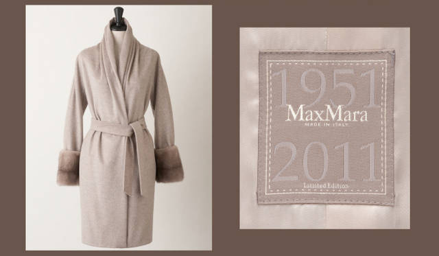<strong>MaxMara│マックスマーラ</strong>　創設60周年を記念した特別なラベル付き。マックスマーラ カシミヤキャメルコート　　ミンクカフスタイプ 53万6550円、フォックスカフスタイプ 42万9450円（ともにマックスマーラ／マックスマーラ ジャパン）