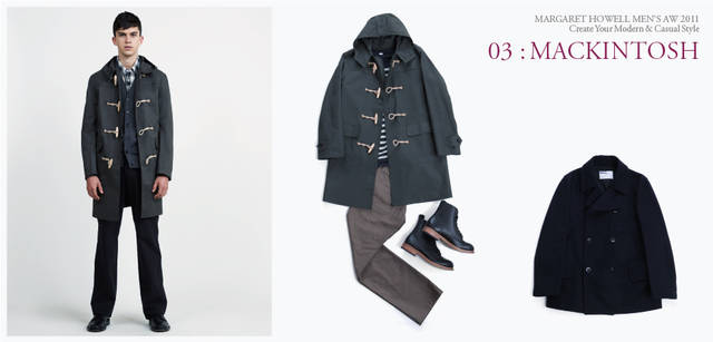 <strong> MARGARET HOWELL｜マーガレット・ハウエル</strong>　「2011秋冬コレクション」　モデル／マッキントッシュ社製別注コート16万8000円、カーディガン3万9900円、シャツ3万450円、トラウザーズ3万450円、靴6万1950円（すべてマーガレット・ハウエル）、コーディネイト／マッキントッシュコート16万8000円、トラウザーズ3万450円（ともにマーガレット・ハウエル）、ニット2万4150円、ブーツ4万9350円（ともにMHL.）、アイテム／ピーコート6万1950円（MHL.）