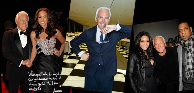 <strong>GIORGIO ARMANI｜ジョルジオ アルマーニ</strong>　セレブリティからの支持も厚い。左から／歌手のアリシア・キーズとともに、ジョルジオ・アルマーニ、ビヨンセとJay-Zとともに。