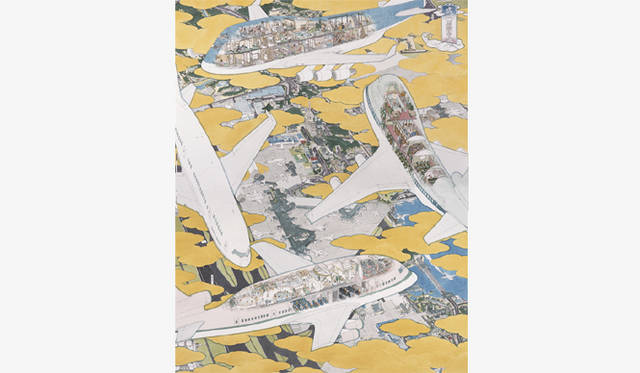 <strong>山口晃展｜『望郷―TOKIORE(I)MIX』</strong> Narita International Airport: Various Curious Scenes of Airplanes (Original Painting for a Mural: Narita International Airport Terminal 1,South Wing, 4th Floor) / 2005 / pen, watercolor on paper / 96.5×76.5 cm / photo : Kei Miyajima  / © YAMAGUCHI Akira / Courtesy Mizuma Art Gallery