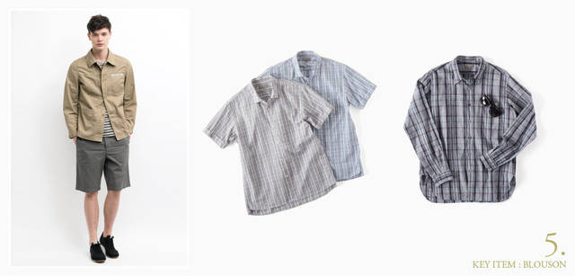 <strong>MARGARET HOWELL｜マーガレット・ハウエル</strong>　モデル／ブルゾン3万9900円、カットソー1万2600円、トラウザーズ1万7850円、スニーカー2万4150円（すべてMHL.）、中／春夏のグレイッシュな着こなしに最適の半袖シャツ。裾をアウトしてリラックスした着こなしを。シャツ各2万5200円（マーガレット・ハウエル）、右／春の日射しを感じたら、あたらしいリネンシャツに袖をとおす。チェックのリネンシャツはマストバイ！　シャツ3万4650円、サングラス2万4150円（ともにマーガレット・ハウエル）