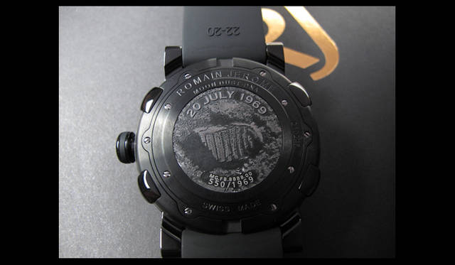 <strong>ROMAIN JEROME</strong> The etched motif is a footprint on the moon. Each watch bears a serial number.