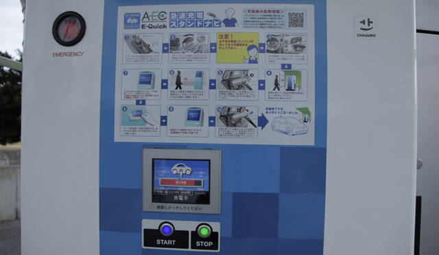 <strong>NISSAN LEAF｜日産 リーフ</strong>　充電は図説がありきわめて簡単。レンタカー利用者は急速充電施設の利用登録料を2000円払うと、何回でも利用できる。