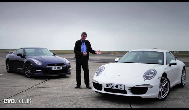 Tiff Needell in front of Porsche 911 Carrera S & Nissan GT-R