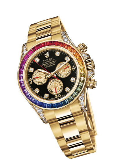 The "Oyster Perpetual Cosmograph Daytona," a traditional chronograph with overwhelming recognition since its launch in 1963. This year, a model featuring a vibrant rainbow of sapphires was unveiled.<br /><br /><strong>Oyster Perpetual<br />Cosmograph Daytona</strong><br />¥8,610,000 (estimated price / release date undecided)<br />Self-winding, 40mm diameter, YG case × diamonds × sapphires<br /><br />Rolex Japan<br />Tel. 03-3216-5671