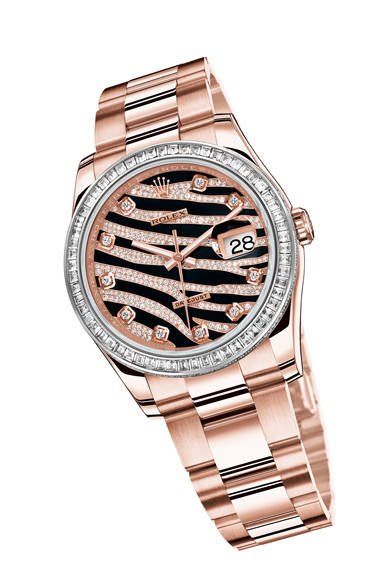 The "Oyster Perpetual Datejust," exuding elegance and femininity. It masterfully blends the beauty of Everose gold and diamonds with Rolex's renowned precision, robustness, and reliability.<br /><br /><strong>Oyster Perpetual Datejust</strong><br />¥7,560,000 (estimated price / scheduled for summer release)<br />Self-winding, 36mm diameter, Everose gold case, bezel set with 60 baguette-cut diamonds, edges set with 120 brilliant-cut diamonds<br /><br />Rolex Japan<br />Tel. 03-3216-5671