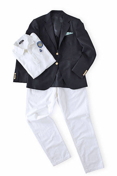 <strong>Hankyu MEN'S TOKYO | May "Euro Preppy Sports"</strong> Blazer ¥58,800, Polo shirt ¥13,650, Bottoms ¥18,900 (all NEW YORKER by KEITA MARUYAMA)