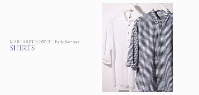 <strong>MARGARET HOWELL｜マーガレット・ハウエル</strong>　TOP：ギンガムチェックプルオーバーシャツ2万7300円（マーガレット・ハウエル）、MHL.×TATAMI 別注サンダル1万7850円（MHL.）<br>ギンガムチェックプルオーバーシャツ2万7300円（マーガレット・ハウエル）、プルオーバーシャツ1万3650円（MHL.）