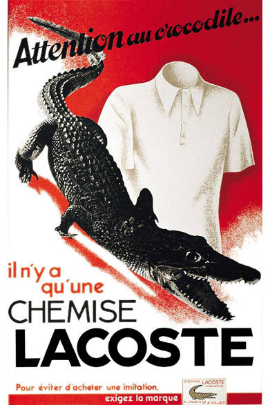 <strong>LACOSTE｜ラコステ</strong>　こちらも創業時の広告。「ワニに注意」とのコピーがある