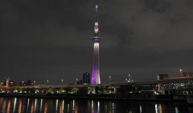 「雅」では、三角から丸になっていく「そり」と「むくり」の構造美を際立たせるため、外周の鉄骨を紫で照らしている