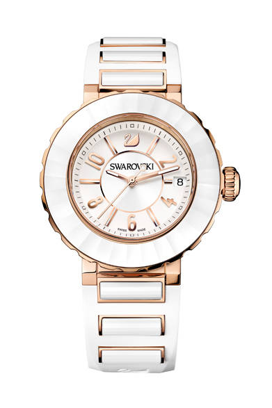 The "Octea Sport," developed in 2011 with cutting-edge technology, makes a comeback with rose gold detailing. The unidirectional rotating bezel, cut from a single crystal, is made of white faceted ceramic. The white rubber strap, connecting stylish curves and straight lines, is hand-fitted with white ceramic, promising exceptional comfort and brilliant sparkle.<br /><br /><strong>Octea Sport</strong><br />¥137,550<br />Quartz, 39mm diameter, Stainless steel (rose gold PVD) x crystal<br /><br />Swarovski Japan (Customer Relations)<br />Tel. 0120-10-8700<br />www.swarovski.co.jp