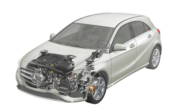 <strong>Mercedes-Benz A-Class｜メルセデス・ベンツAクラス</strong><br />今回のモデルチェンジでは、特色であったサンドイッチ構造をやめ、通常のFFレイアウトに変更された。写真はディーゼルエンジンモデルのパワートレイン レイアウト