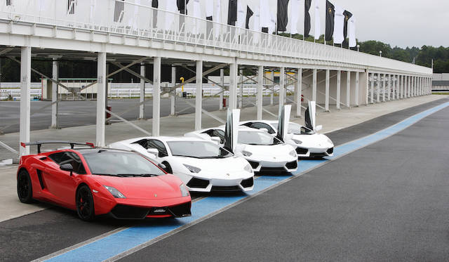 <strong>Lamborghini Aventador LP 700-4</strong><br />An Italian test driver led the way in a Gallardo Super Trofeo Stradale (the red car on the far left).