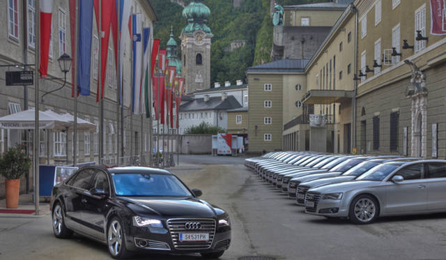 <strong>Audi</strong> – A fleet of Audi A8s, used for guest transportation, lined up. A magnificent sight!