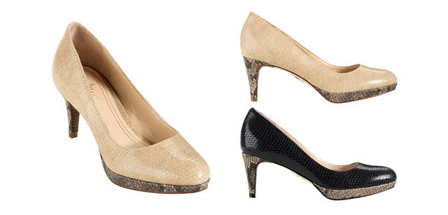 <strong>COLE HAAN｜コール ハーン</strong><br />プラットフォームのソール部分とヒール部分にだけ、スネークプリントがほどこされ、ピリッとモードなニュアンスをプラス。「チェルシー ローパンプ」[H6cm] 4万7250円