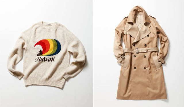 <strong>beautiful people｜ビューティフル ピープル</strong>　左／青山店限定アイテムの“surf-T”インターシャセーター3万1500円、右／イベント別注アイテムのトレンチコート7万5600円