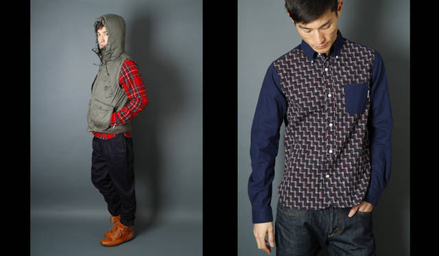<strong>ミノトール2012秋冬コレクション『SYNERGISTIC』</strong>　 テキスタイルを、200年の歴史をもつ日本伝統の技術である、福岡・久留米の絣（かすり）で制作。　左／ダウンベスト 2万9925円、シャツ 2万3625円、パンツ 2万3625円　右／シャツ 1万9950円、パンツ 2万3625円