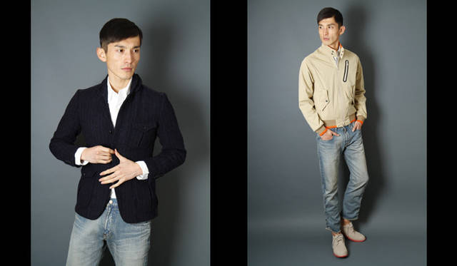 <strong>ミノトール2012秋冬コレクション『SYNERGISTIC』</strong>　左／ジャケット 6万5625円、シャツ 1万6800円、パンツ 3万6750円　右／ブルゾン 4万9875円、パンツ 3万6750円、シューズ 2万6775円