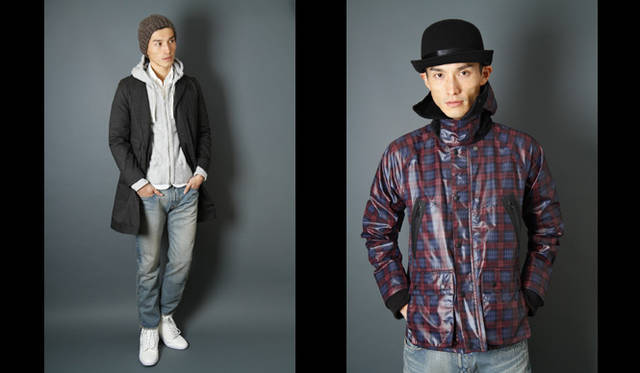 <strong>ミノトール2012秋冬コレクション『SYNERGISTIC』</strong>　コートやジャケットの表地は、非常に高い防水、透湿性を発揮し、快適な状態を保ってくれる3レイヤーファブリック　左／ニットキャップ 1万2600円、コート 6万6675円、スウェットパーカ 1万9950円、パンツ 3万6750円　右／ブルゾン 5万5650円