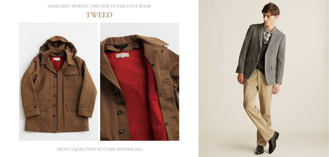 2012-13 Autumn/Winter Collection. Left: A blouson in a "rust" colour, with a vibrant tweed lining. As seen on the model in the top image, the collar adds a focal point, creating a relaxed, casual feel. The removable liner allows for versatile styling. Blouson ¥66,150 (Margaret Howell). Right: Jacket ¥72,450, Shirt ¥30,450, Cardigan ¥19,950, Shoes ¥82,950 (all Margaret Howell); Trousers ¥24,150 (MHL.).