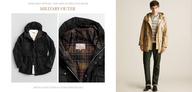 2012-13 Autumn/Winter Collection. Left: A hooded blouson, a special order from Margaret Howell for "Barbour," renowned for its world-class oiled jackets. This season sees the arrival of a new black colourway for the model that sold out last autumn/winter. Note the slim yet comfortable silhouette. Blouson ¥72,450 (Margaret Howell). Right: Coat ¥51,450 (MHL.); Knit vest ¥40,950, Shirt ¥24,150, Denim ¥24,150, Shoes ¥82,950 (all Margaret Howell).