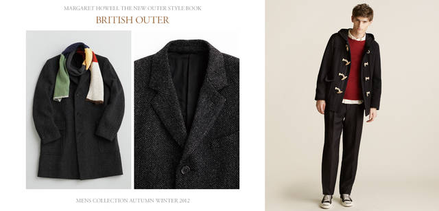 2012-13 Autumn/Winter Collection. Left: The City Coat, a soft interpretation by Margaret Howell of the traditional Chesterfield. Its length, covering the hips, is a must-have for this autumn/winter. Its basic design allows for versatile styling with the latest trends. Coat ¥76,650 (Margaret Howell); Scarf ¥16,800 (MHL.). Right: Duffle coat ¥55,650, Sneakers ¥12,600 (both MHL.); Knit ¥37,800, Shirt ¥34,650, Trousers ¥40,950 (all Margaret Howell).